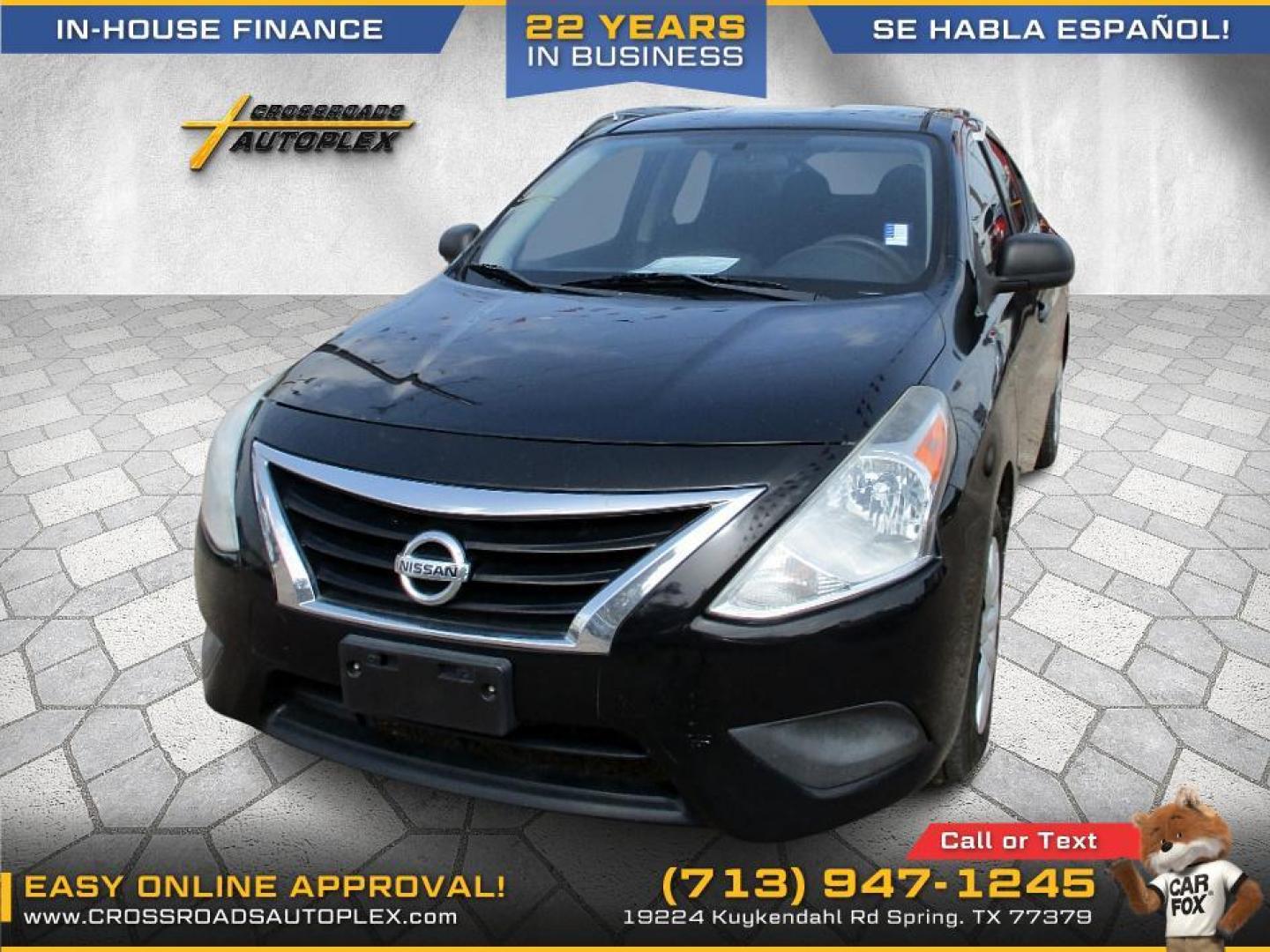 2015 BLACK /GRAY NISSAN VERSA 1.6 S 5M (3N1CN7AP2FL) with an 1.6L L4 DOHC 16V engine, 5-SPEED MANUAL transmission, located at 19224 Kuykendahl Rd, Spring, TX, 77379, (713) 947-1245, 30.049259, -95.491402 - NEW ARRIVAL JUST HIT THE LOT, IF YOU LOOKING FOR GAS EFFICIENT VEHICLE THIS IS THE ONE!! CLOTH INTERIOR WITH NO STAINS AND RIPS IN THE INTERIOR. THIS VEHICLE IS IN PRISTINE CONDITION!! SERVICED OUT AND READY FOR DELIVERY. LIKE NEW CONDITION! QUALIFIES FOR "IN-HOUSE"FINANCING!!! THIS UNIT IS A MUST S - Photo#0