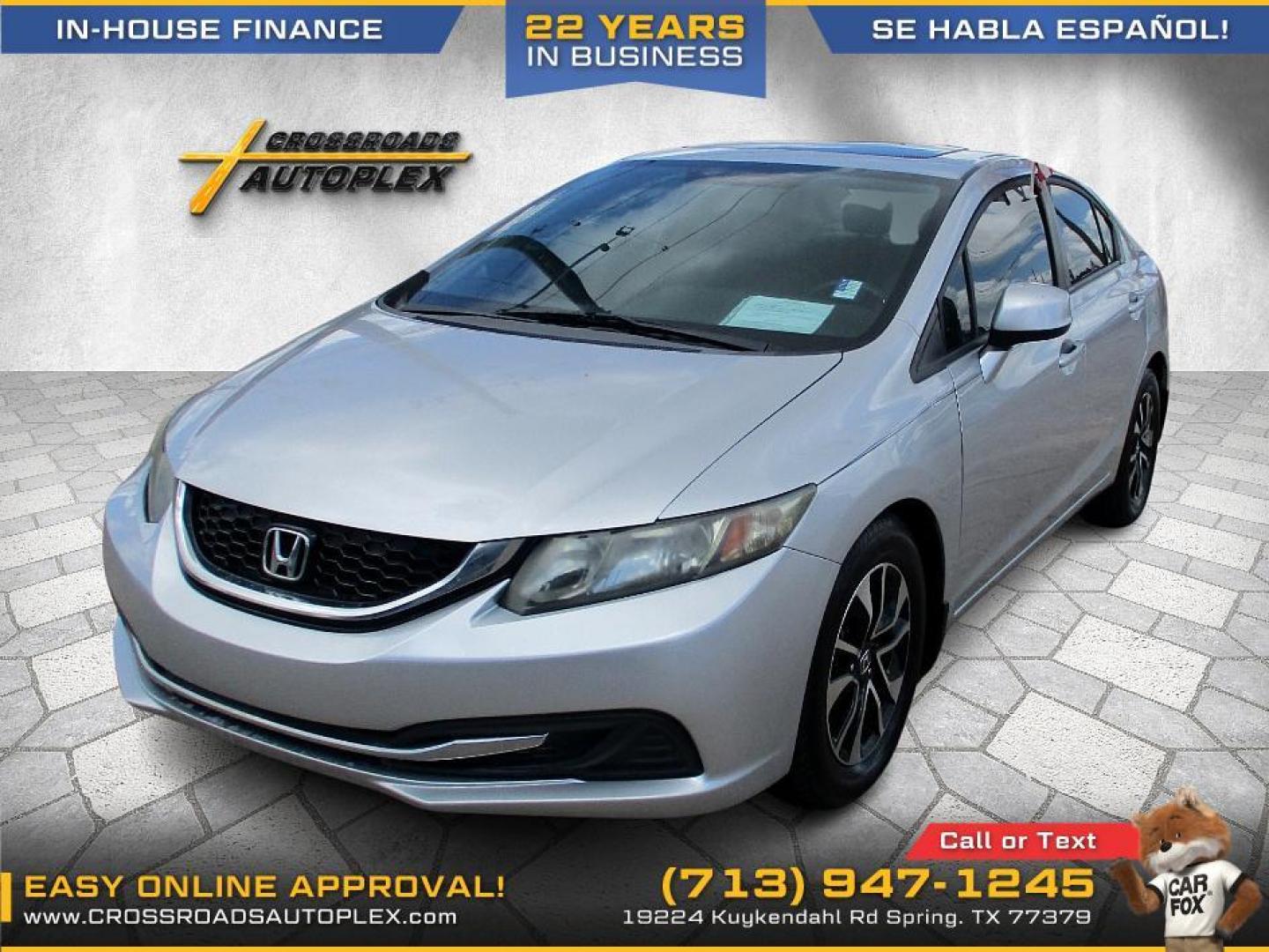 2013 SILVER /GRAY HONDA CIVIC EX Sedan 5-Speed AT (19XFB2F84DE) with an 1.8L L4 SOHC 16V engine, 5-SPEED AUTOMATIC transmission, located at 19224 Kuykendahl Rd, Spring, TX, 77379, (713) 947-1245, 30.049259, -95.491402 - WE IN HOUSE FINANCE, CALL US AT 713-947-1245 - Photo#0