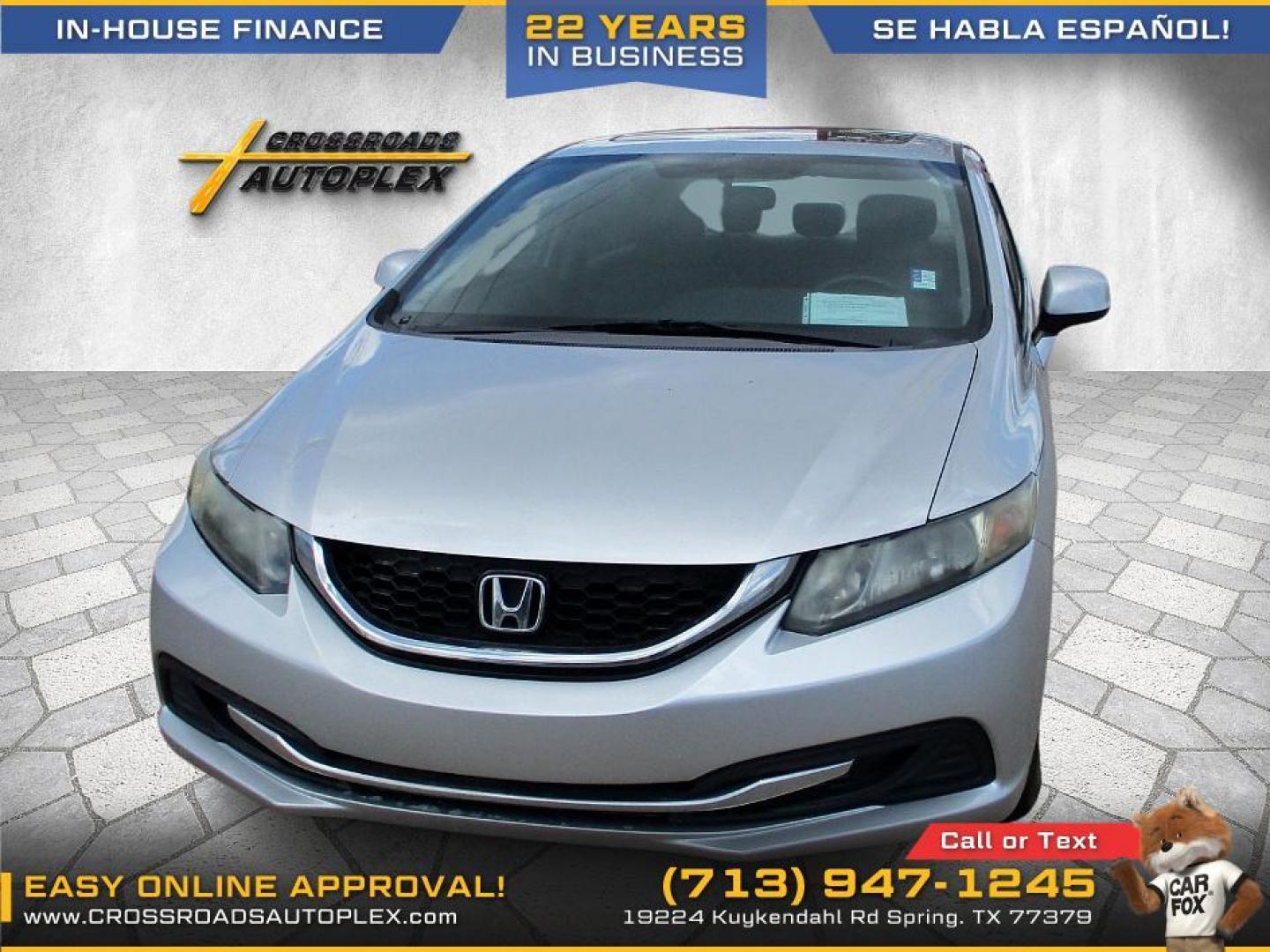 2013 SILVER /GRAY HONDA CIVIC EX Sedan 5-Speed AT (19XFB2F84DE) with an 1.8L L4 SOHC 16V engine, 5-SPEED AUTOMATIC transmission, located at 19224 Kuykendahl Rd, Spring, TX, 77379, (713) 947-1245, 30.049259, -95.491402 - WE IN HOUSE FINANCE, CALL US AT 713-947-1245 - Photo#1