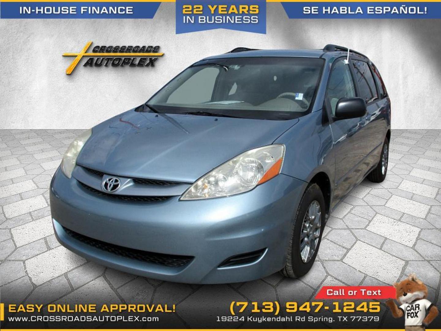 2007 BLUE /GRAY TOYOTA SIENNA CE FWD 7-Passenger (5TDZK23C57S) with an 3.5L V6 EFI DOHC 24V engine, 5-SPEED AUTOMATIC transmission, located at 19224 Kuykendahl Rd, Spring, TX, 77379, (713) 947-1245, 30.049259, -95.491402 - WE IN HOUSE FINANCE, CALL US AT 713-947-1245 - Photo#1