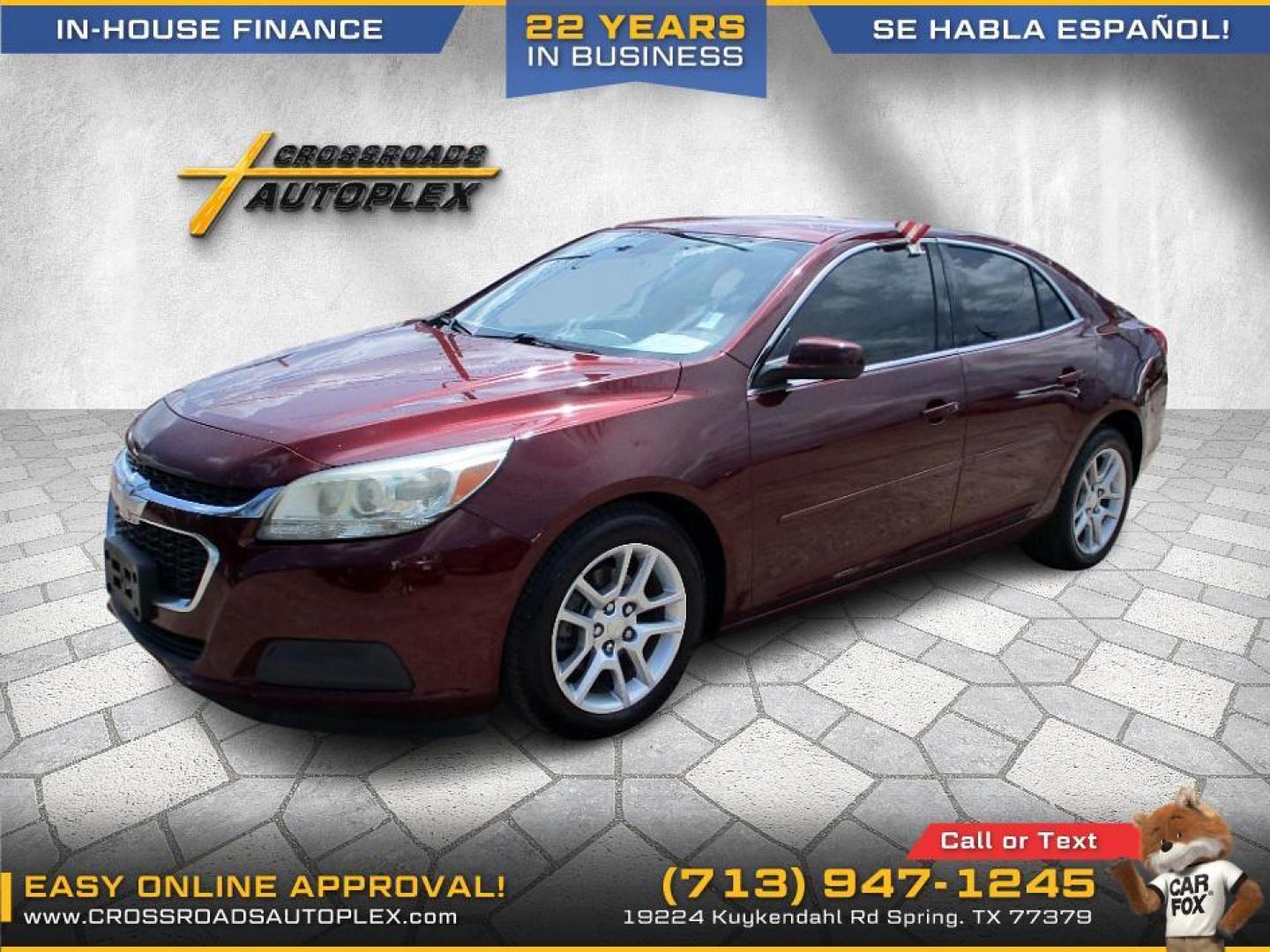 2015 MAROON /BLACK CHEVROLET MALIBU 1LT (1G11C5SL6FF) with an 2.5L L4 DOHC 16V engine, 6-SPEED AUTOMATIC transmission, located at 19224 Kuykendahl Rd, Spring, TX, 77379, (713) 947-1245, 30.049259, -95.491402 - WE IN HOUSE FINANCE, CALL US AT 713-947-1245 - Photo#0