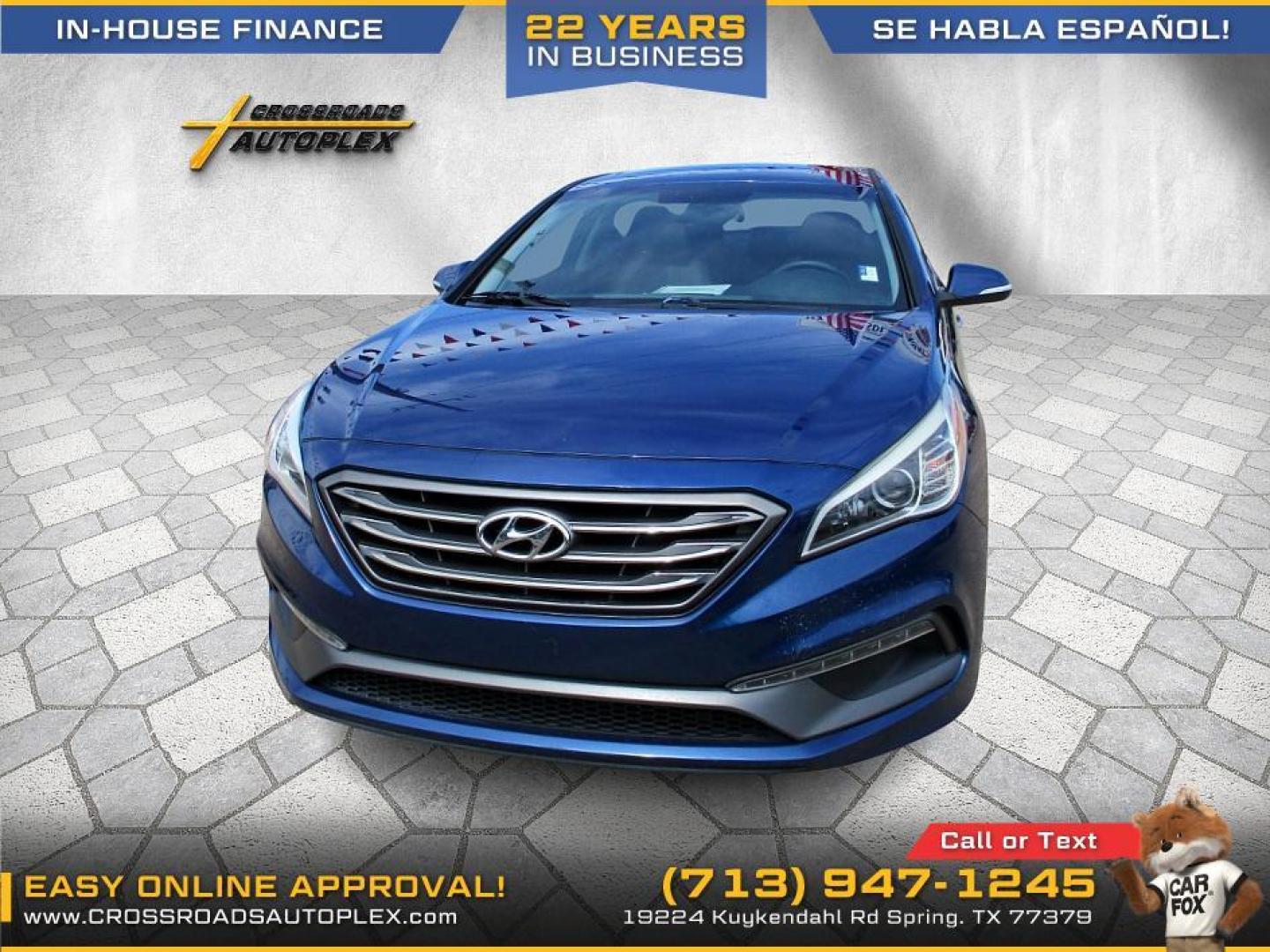 2016 BLUE /BLACK HYUNDAI SONATA Sport (5NPE34AF2GH) with an 2.4L L4 DOHC 16V engine, 6-SPEED AUTOMATIC transmission, located at 19224 Kuykendahl Rd, Spring, TX, 77379, (713) 947-1245, 30.049259, -95.491402 - Come check us out today! Crossroads Autoplex is a family run dealership that has strived on the same street since 1999! We are here to offer you quality vehicles at a very reasonable price. Here at Crossroads we understand that not everyone has perfect credit and things in life can happen. We offer - Photo#0