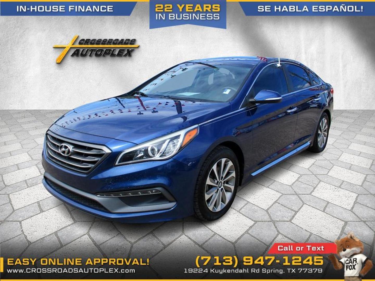 2016 BLUE /BLACK HYUNDAI SONATA Sport (5NPE34AF2GH) with an 2.4L L4 DOHC 16V engine, 6-SPEED AUTOMATIC transmission, located at 19224 Kuykendahl Rd, Spring, TX, 77379, (713) 947-1245, 30.049259, -95.491402 - Come check us out today! Crossroads Autoplex is a family run dealership that has strived on the same street since 1999! We are here to offer you quality vehicles at a very reasonable price. Here at Crossroads we understand that not everyone has perfect credit and things in life can happen. We offer - Photo#1