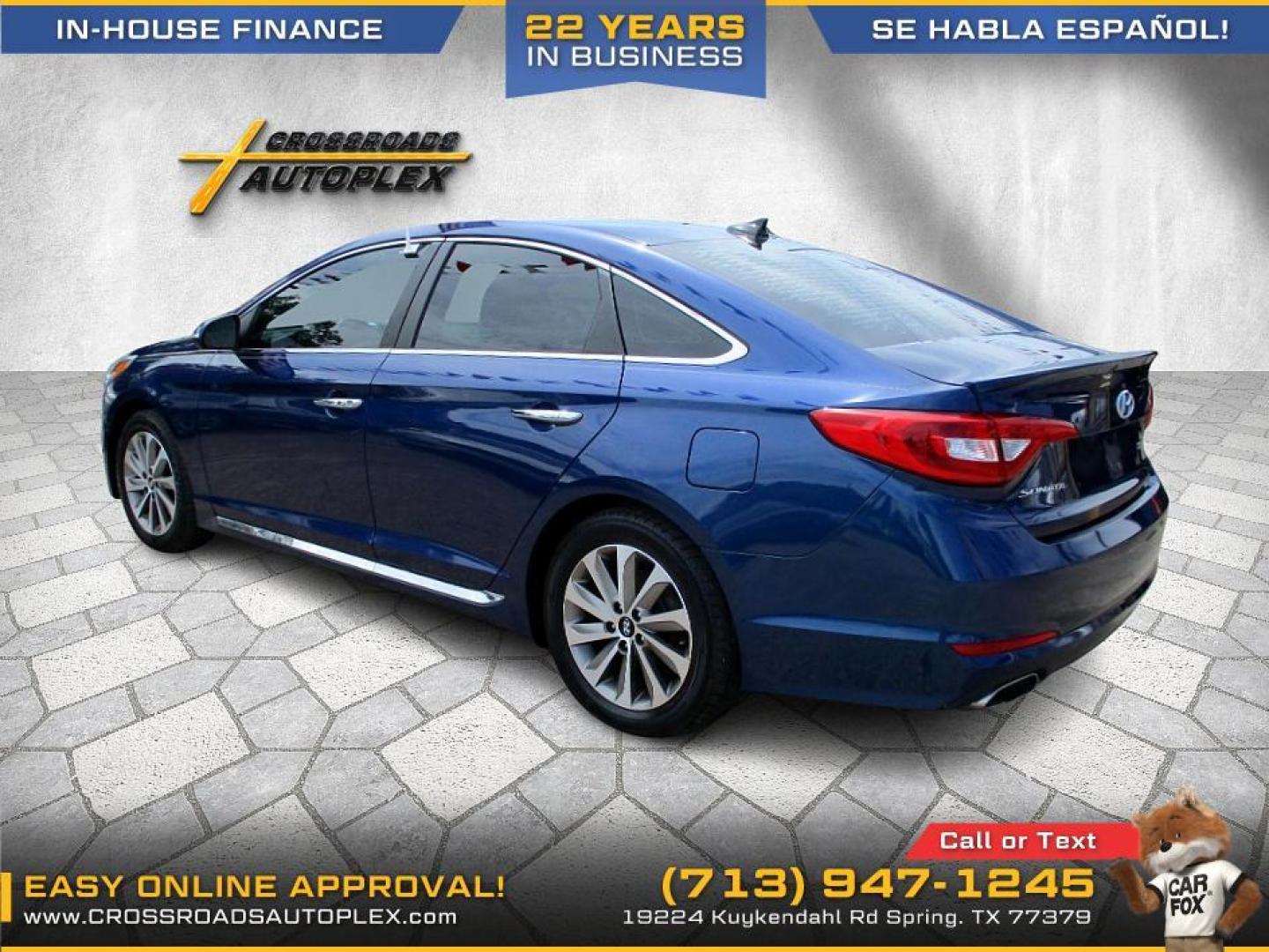 2016 BLUE /BLACK HYUNDAI SONATA Sport (5NPE34AF2GH) with an 2.4L L4 DOHC 16V engine, 6-SPEED AUTOMATIC transmission, located at 19224 Kuykendahl Rd, Spring, TX, 77379, (713) 947-1245, 30.049259, -95.491402 - Come check us out today! Crossroads Autoplex is a family run dealership that has strived on the same street since 1999! We are here to offer you quality vehicles at a very reasonable price. Here at Crossroads we understand that not everyone has perfect credit and things in life can happen. We offer - Photo#2