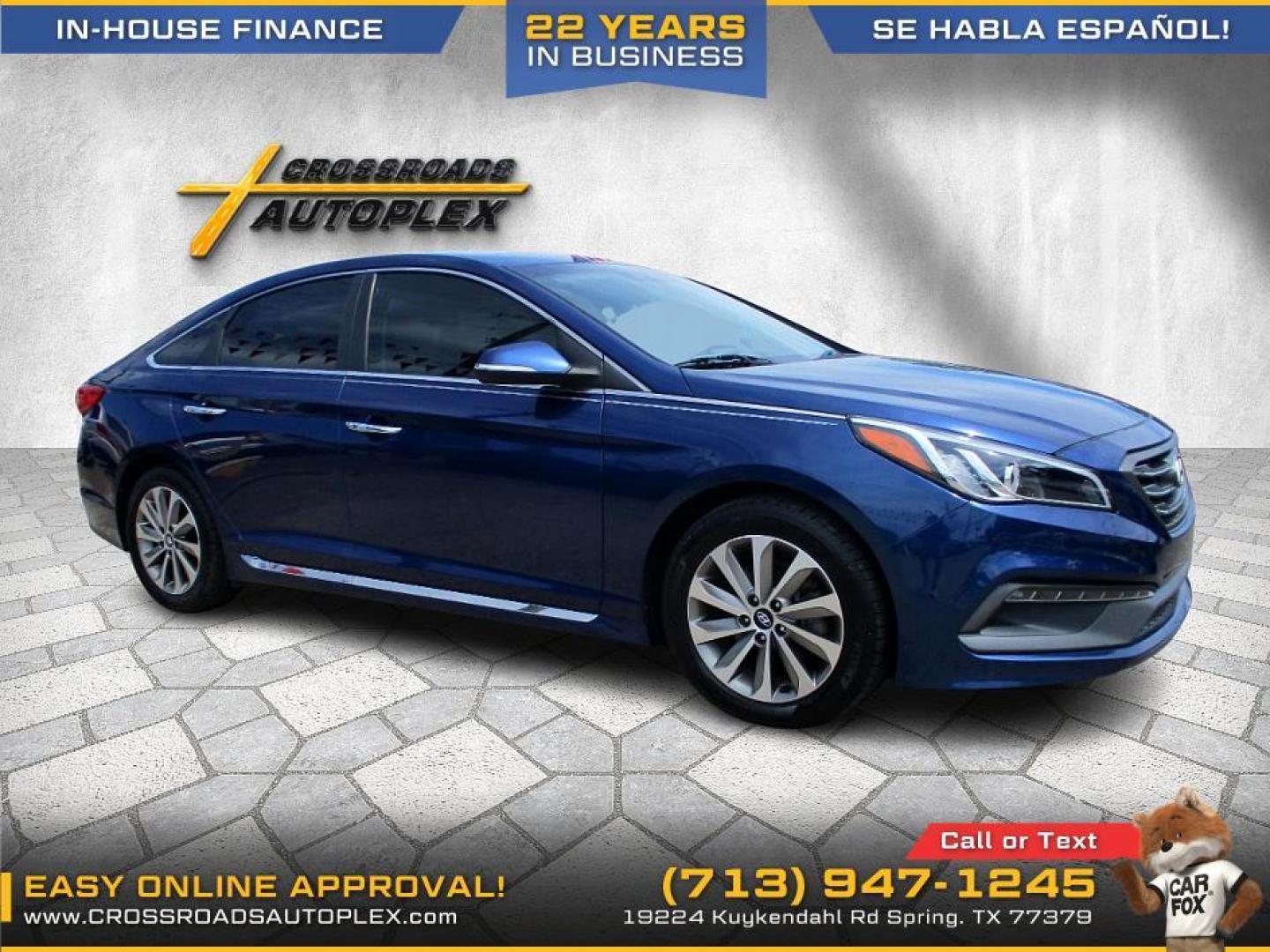 2016 BLUE /BLACK HYUNDAI SONATA Sport (5NPE34AF2GH) with an 2.4L L4 DOHC 16V engine, 6-SPEED AUTOMATIC transmission, located at 19224 Kuykendahl Rd, Spring, TX, 77379, (713) 947-1245, 30.049259, -95.491402 - Come check us out today! Crossroads Autoplex is a family run dealership that has strived on the same street since 1999! We are here to offer you quality vehicles at a very reasonable price. Here at Crossroads we understand that not everyone has perfect credit and things in life can happen. We offer - Photo#4