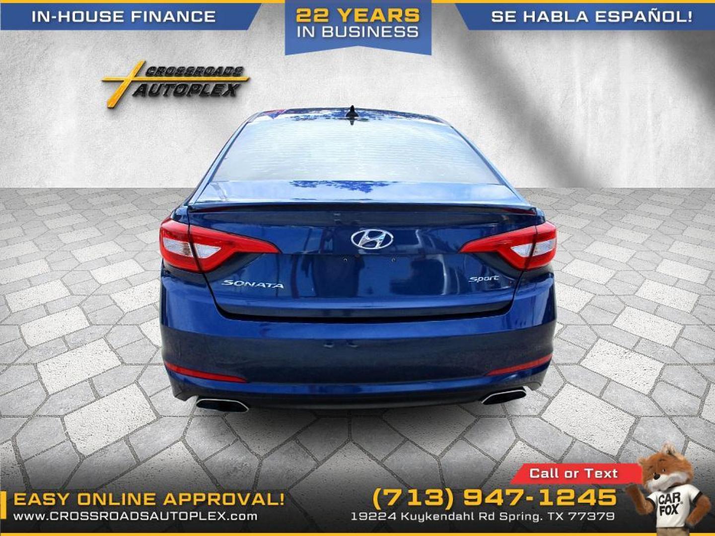 2016 BLUE /BLACK HYUNDAI SONATA Sport (5NPE34AF2GH) with an 2.4L L4 DOHC 16V engine, 6-SPEED AUTOMATIC transmission, located at 19224 Kuykendahl Rd, Spring, TX, 77379, (713) 947-1245, 30.049259, -95.491402 - Come check us out today! Crossroads Autoplex is a family run dealership that has strived on the same street since 1999! We are here to offer you quality vehicles at a very reasonable price. Here at Crossroads we understand that not everyone has perfect credit and things in life can happen. We offer - Photo#3